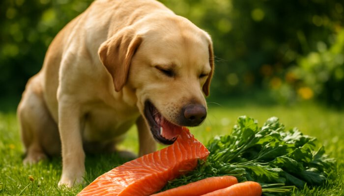 Happy Labrador enjoying raw salmon and vegetables in a sunny garden for natural pet health