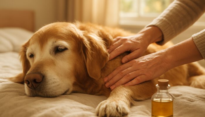 Elderly golden retriever receiving gentle herbal oil massage for arthritis joint relief at home