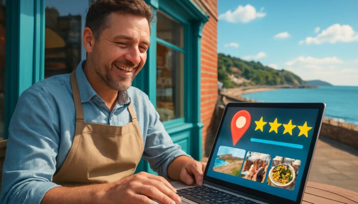 A shop owner in Torbay updates their Google Business Profile on a laptop with a scenic coastal view.