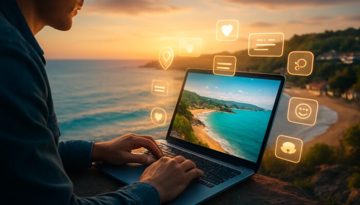 A digital marketer optimising meta tags on a tourism website while seated at a laptop, surrounded by scenic beaches and icons.