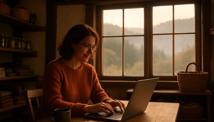Small business owner writing on a laptop in a rustic Lydney shop with misty views of the Forest of Dean