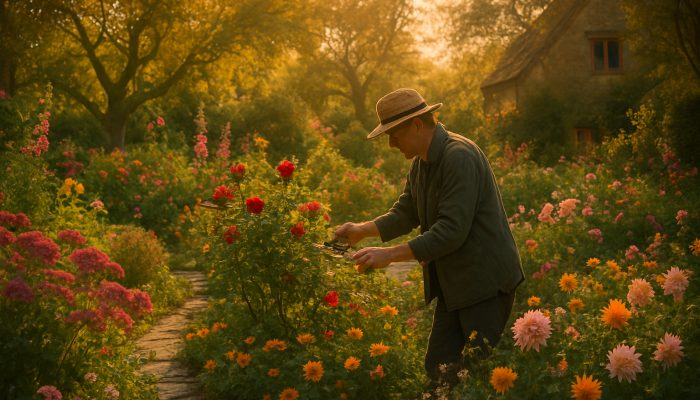 Gardener pruning roses in a vibrant Martock cottage garden at golden hour, surrounded by stone paths.