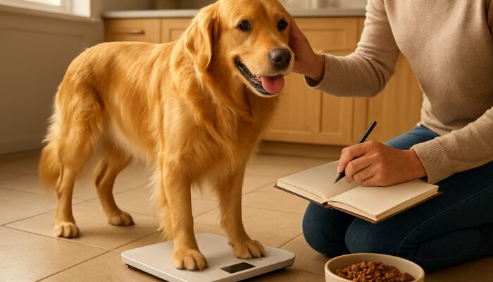 Owner weighing an energetic golden retriever on a scale while inspecting its coat in a sunlit kitchen