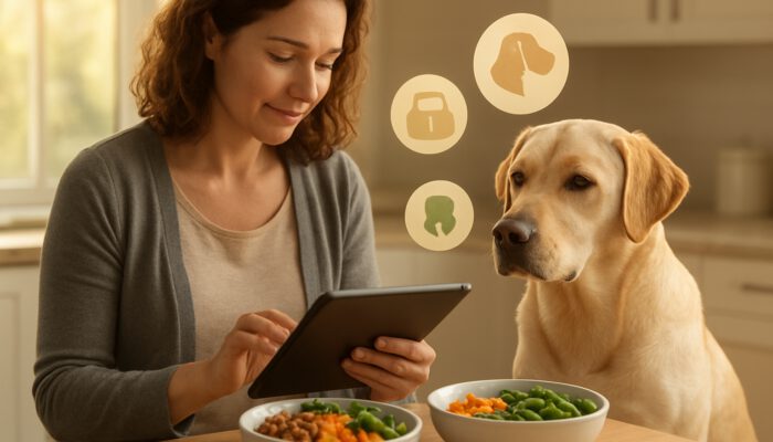 Owner examining Labrador health data on a tablet next to tailored nutrition bowls in a kitchen