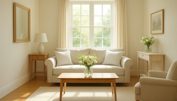 Sunlit pristine Martock cottage interior featuring gleaming floors, fresh flowers, and crisp linens after professional cleaning.