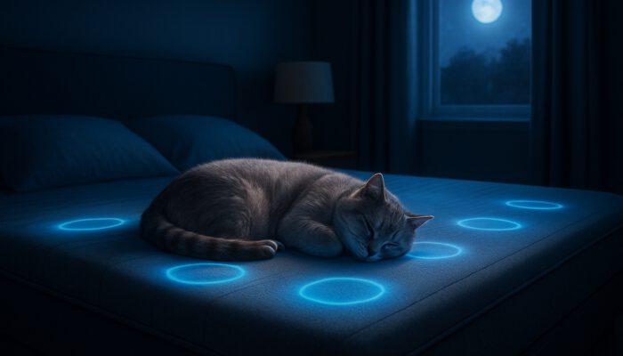 Calm pet sleeping on modern smart bed with glowing sensors in a softly lit bedroom