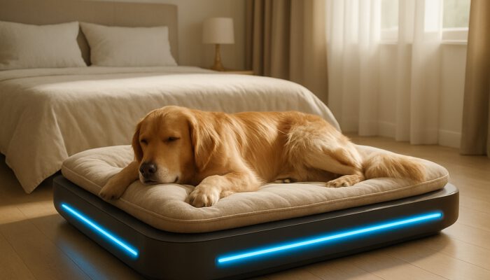 Golden retriever resting on modern temperature-regulating pet bed with cooling panels in contemporary bedroom