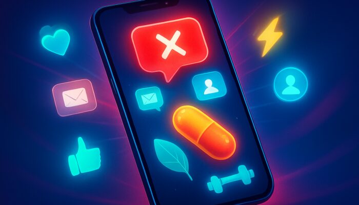 Smartphone screen displaying real-time X notifications, glowing supplements, and wellness symbols