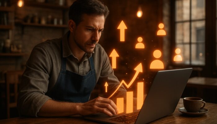 Tiverton shop owner reviews positive marketing charts on laptop amid floating growth arrows and customer icons