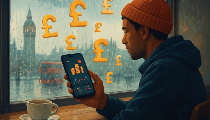 Gig worker views Monzo app income forecasts in a rainy London café illustration with pound icons