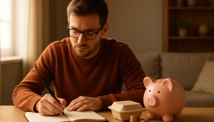 Young adult outlining weekly savings goals with piggy bank and takeaway in cosy UK flat