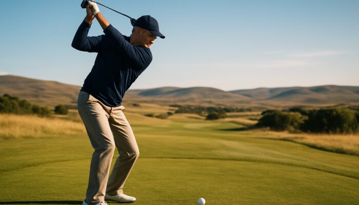 Concentrated golfer executes a slow pitching wedge swing on a sunlit Bloemfontein fairway with rolling hills.