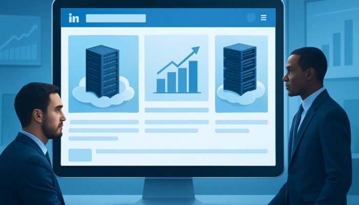 LinkedIn interface showcasing B2B cloud hosting advertisements with server racks and conversion charts in a blue workspace.