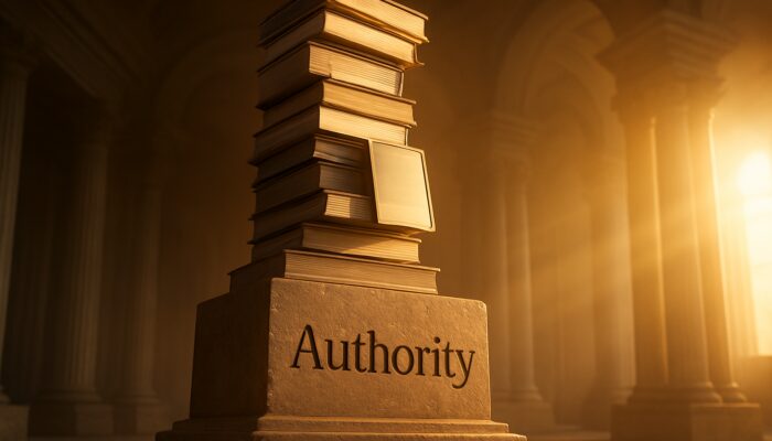Granite cornerstone inscribed with "Authority" supporting a pillar of books in golden sunrise light.