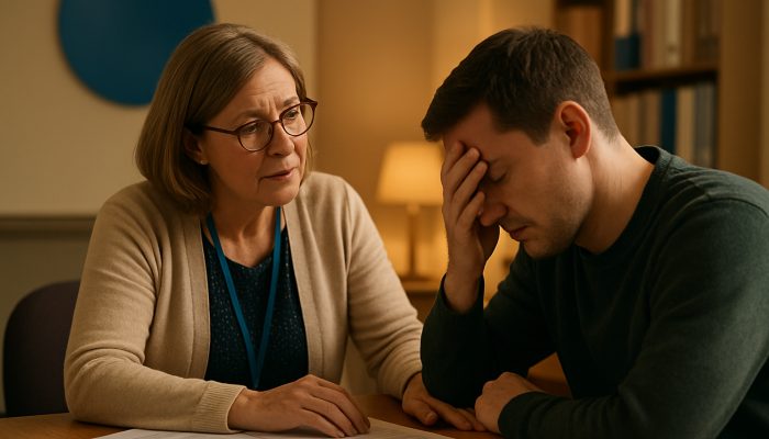 Specialist Help for Gambling Related Borrowing | DCL Advisor assisting distressed client with gambling debt in a cozy UK Citizens Advice office